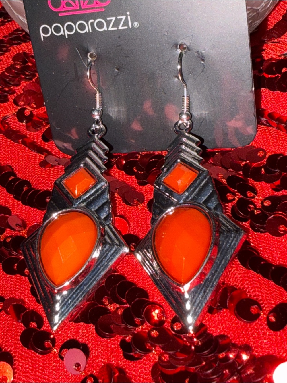 paparazzi Orange Geometric Drop Earrings with Silver Frame